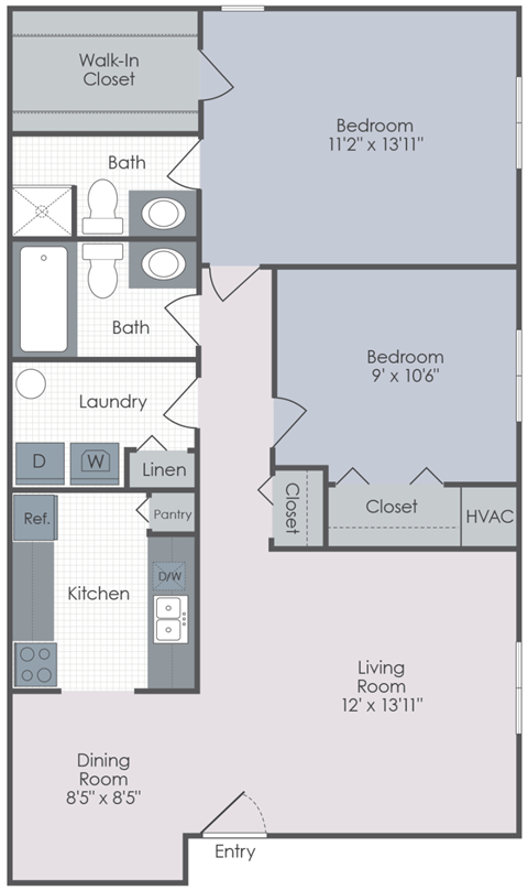 Floor plan for 2 beds, 2 baths, 950 sqft